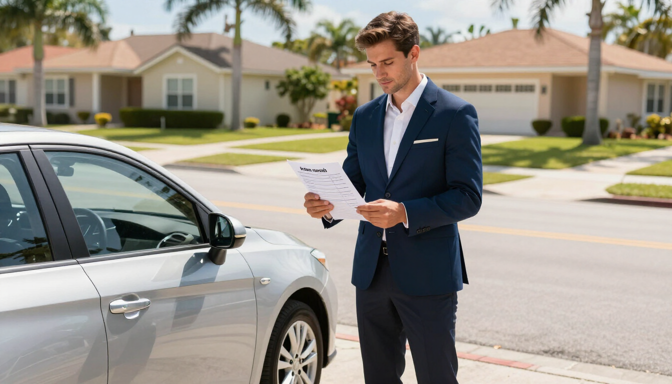 Concierge professional checking an errand list beside a car in Florida