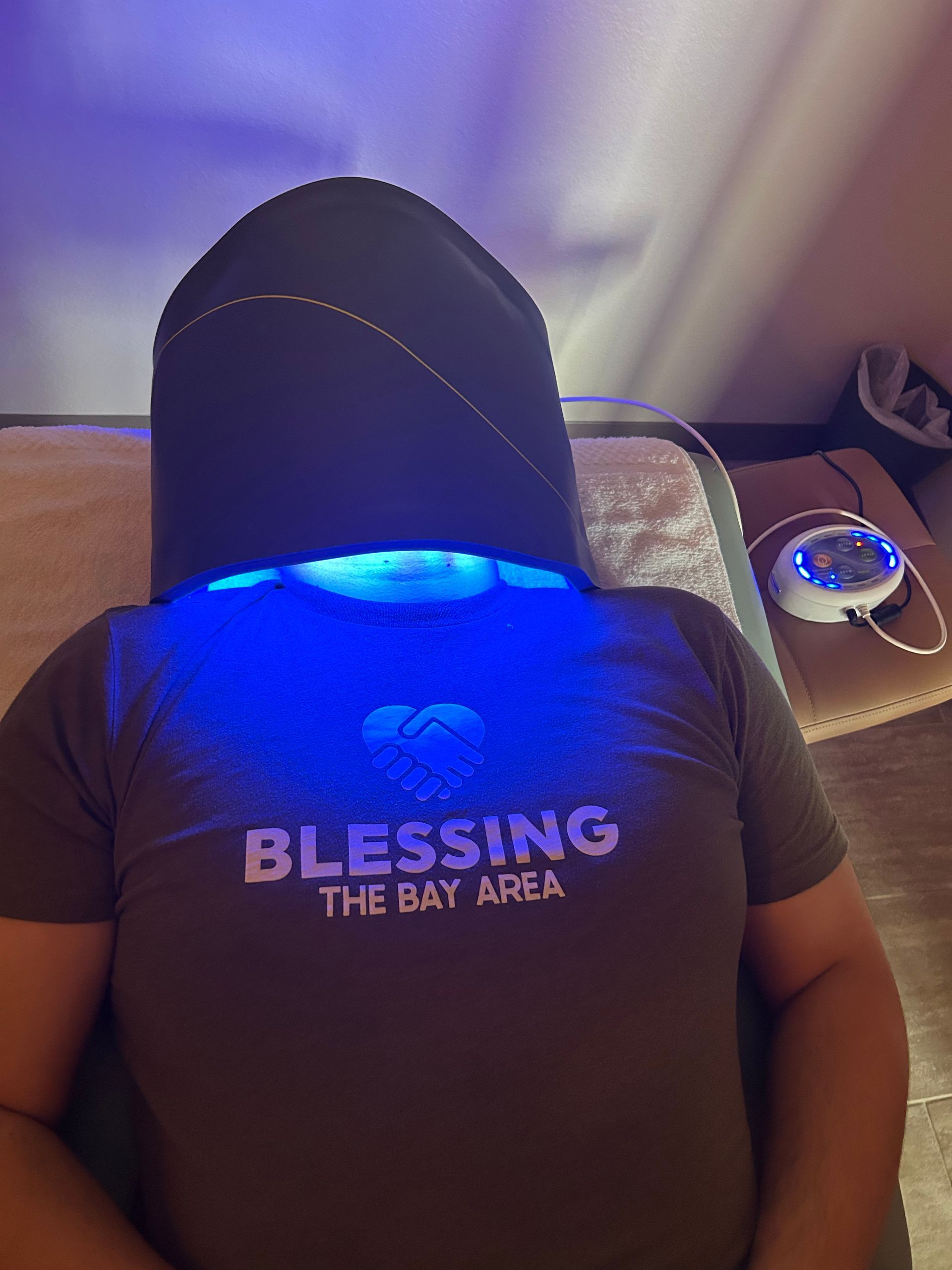 Patient receiving Celluma LED light therapy treatment at Skin & Soul Med Spa in Seabrook TX