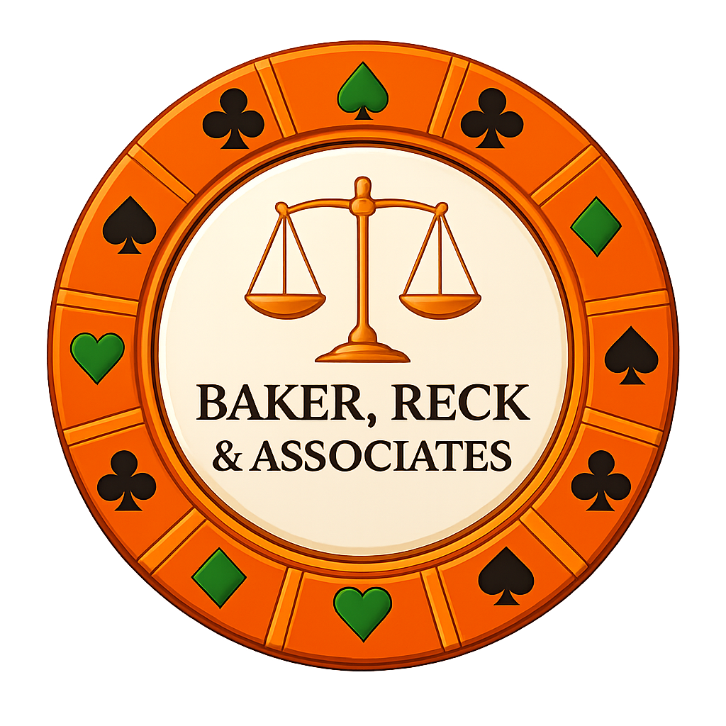 Circular orange emblem with gold scales of justice and the text “BAKER, RECK & ASSO”
