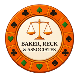 Orange law firm logo with scales of justice and text “Baker, Reck & Associates”