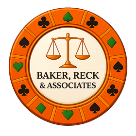 Orange law firm logo with scales of justice and text &ldquo;Baker, Reck & Associates&rdquo;