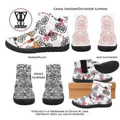 black hibiscus with orange, yellow, pink and green camo slippers below black Vitalsole logo and text and below that image views from different angles of men's black soled slipper shoe with hibiscus pink camo print on black soled women's cotton-padded slippers on brown shoe box and copyright notice text in black below that all encompassed in red circle
