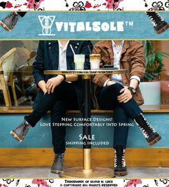 red circle border with blue and white Vitalsole headline and couple sitting with legs crossed at coffee table with vitalsole canvas/leather boots on. Couple sitting on bench behind coffee table.