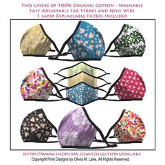 colorful cotton face masks with adjustable cords and charcoal filters with pink text and black outline within red circle