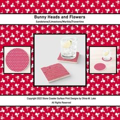 green circle surrounding three images of round and square stone coasters in pink and white flowers and bunny heads with glass of fluid and ice cubes in center and right side sandstone coaster in glasses with black font at top of page with pink and white background and black font at bottom of image