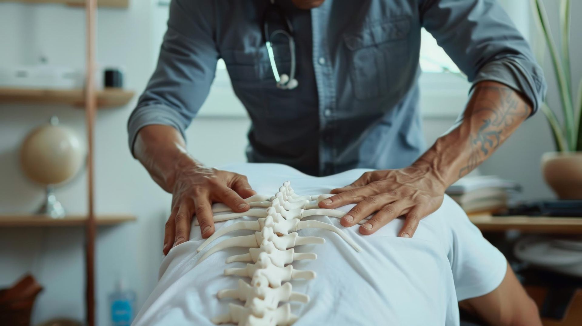 A doctor is examining a patient 's back with a stethoscope.