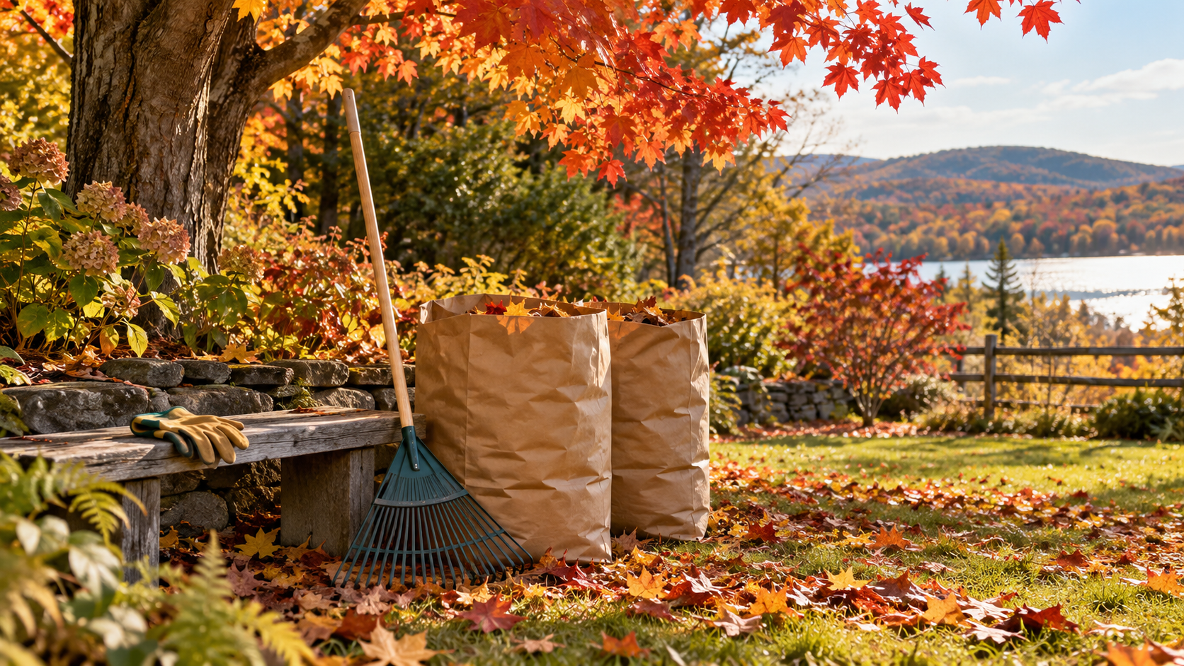 Rake, gardening gloves and paper leaf bags beneath colorful autumn trees during a fall yard cleanup.