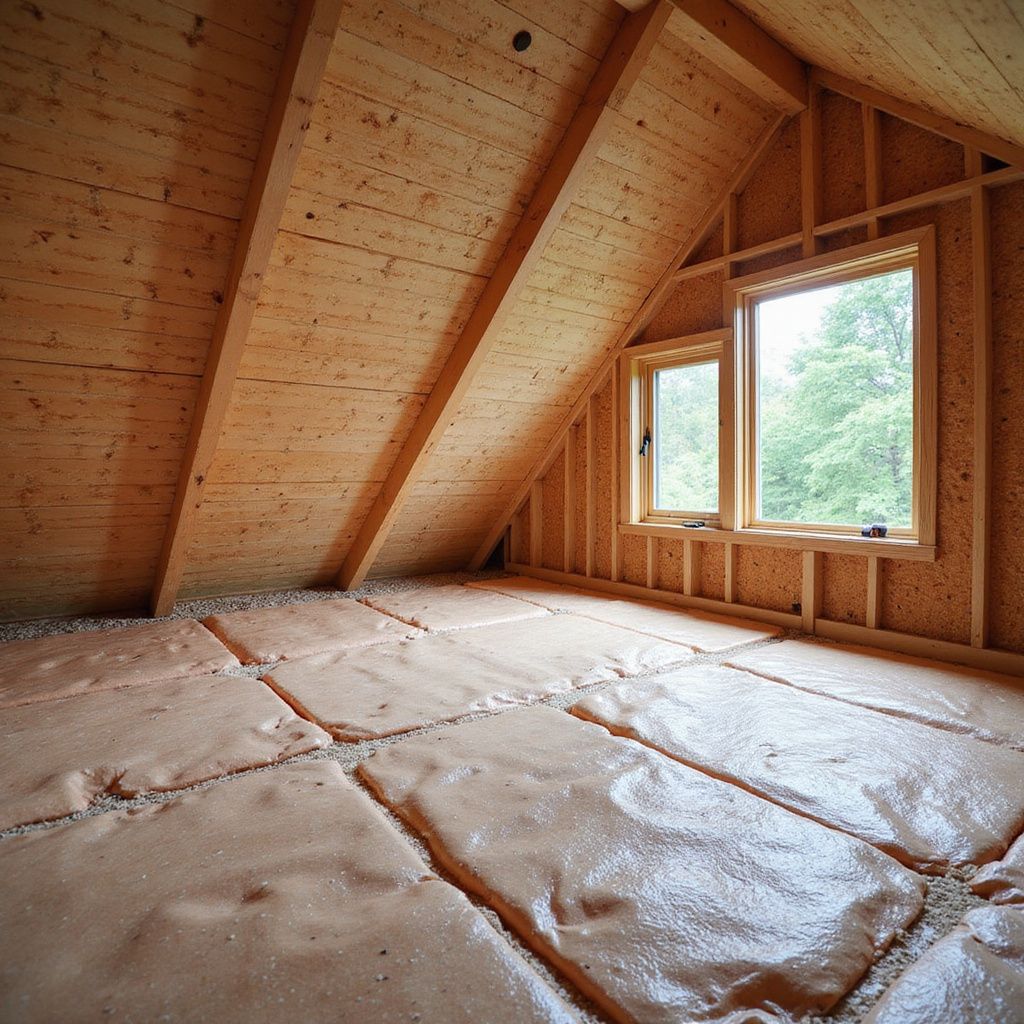 Attic with spray foam insulation applied across the floor deck to improve energy efficiency and reduce heat transfer in residential homes.