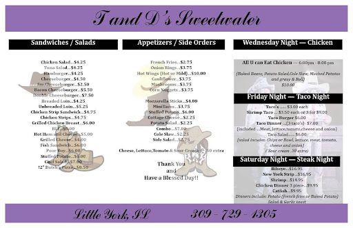 Ice cream menu flyer with purple header and footer, featuring sundae and shake options with prices.