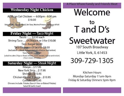 Sweetwater restaurant flyer with menu specials, hours, address, and phone number on a purple-and-white background