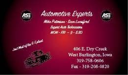 Automotive Experts business card on burgundy background, West Burlington, Iowa contact details and ASE logos