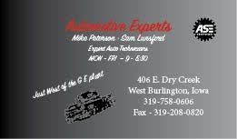 Auto repair business card with ASE logo, gray background, and West Burlington, Iowa contact info