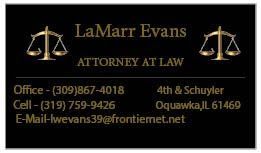 Black and gold attorney business card for LaMarr Evans, law office, with contact info and Oquawka, IL address
