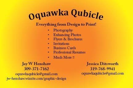 Orange business card for Oquawka Qubicle, listing graphic design services and contact info.