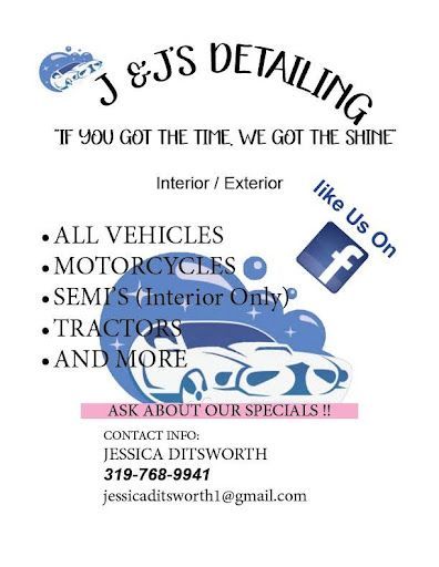J&S Detailing flyer with services, contact info, blue car graphic, and Facebook icon on white background