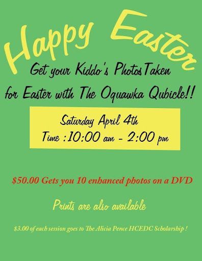 Happy Easter promo flyer for kid photos with the Easter Bunny, April 4, 10 a.m.–2 p.m., Quivira Quibbles.