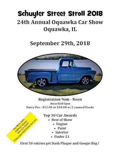 Schuyler Street Stroll 2018 car show poster with blue pickup, Quawka, Illinois, September 29, 2018