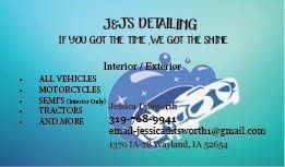 Blue J&S Detailing ad with car graphic, services list, phone number, email, and address.