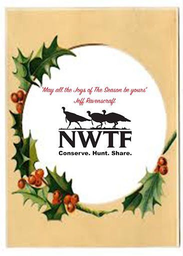 NWTF holiday greeting card with wreath, “Merry Christmas” text, and turkey logo on a tan background