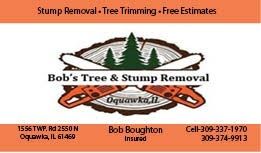 Bob’s Tree & Stump Removal business card with log, orange header, and contact details