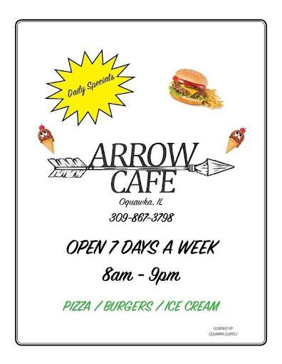 Arrow Cafe flyer with logo, food icons, and hours: open 7 days a week, 8am–9pm.