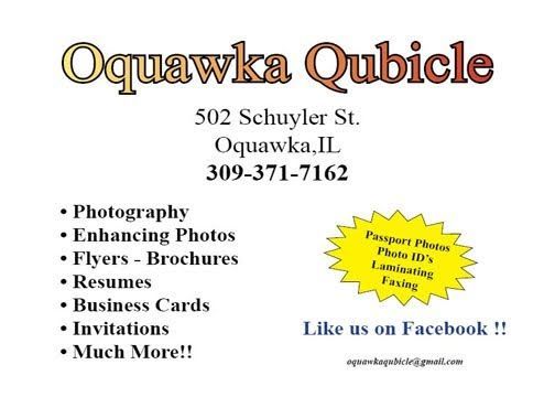 Quawka Quible photography business card with services list, address, phone number, and Facebook note on white background