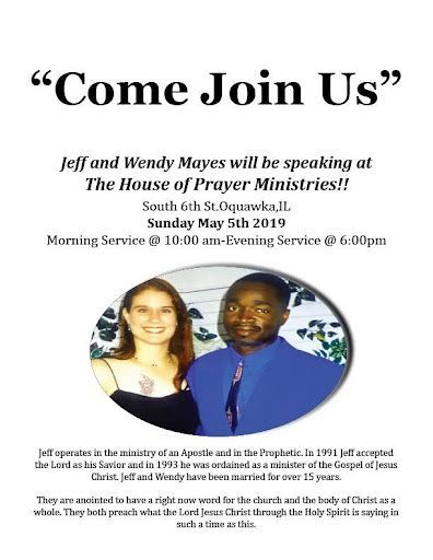 Church invitation poster: “Come Join Us” for Morning Star House of Prayer Ministries, with event details and two portrait photos