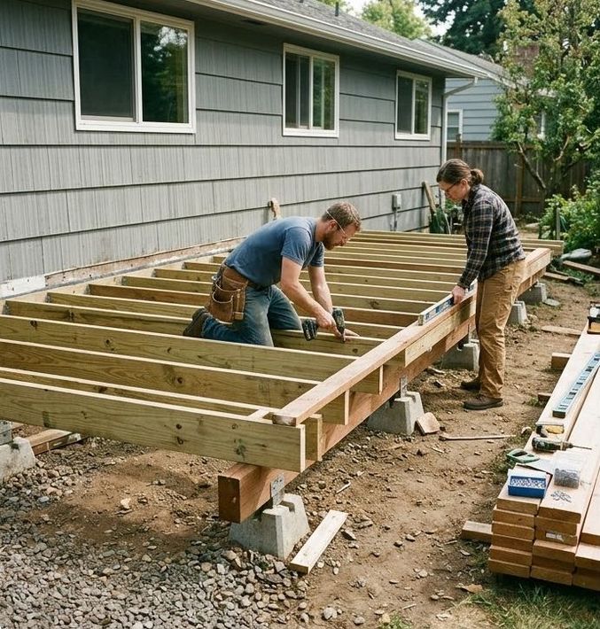 Two workers building a wooden deck frame by a house.