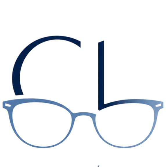 Logotipo de gafas azules con letras estilizadas de color azul oscuro sobre la montura.