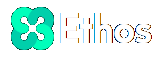 The word ethos is written in pixel art on a white background.