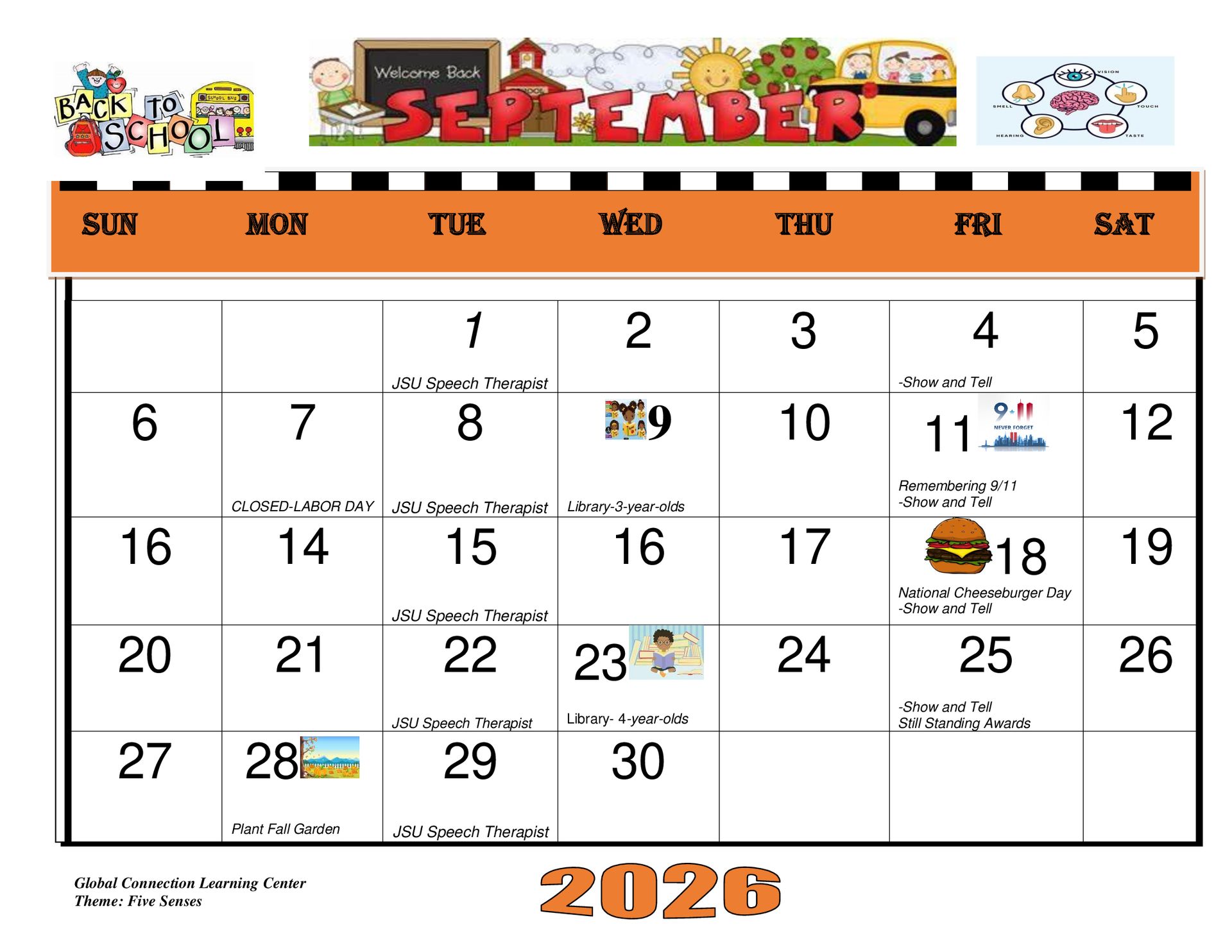 August 2026 calendar with green date numbers and small picture icons on some days