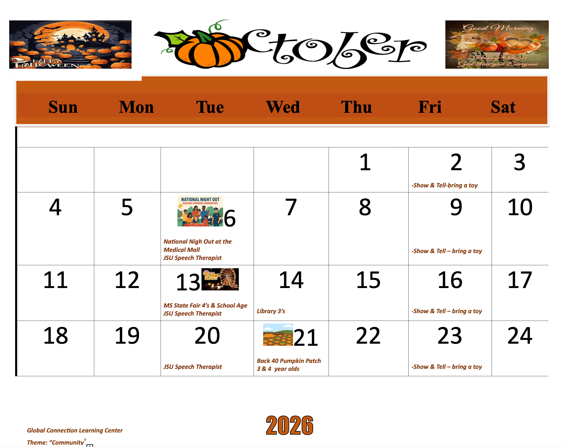 August 2026 calendar with green date numbers and small picture icons on some days