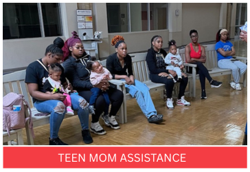 Adults with children wearing hats, indoors, text reads