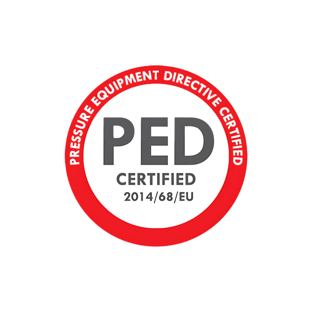 Sigillo di certificazione PET rosso con centro bianco e testo “2014/68/UE”.