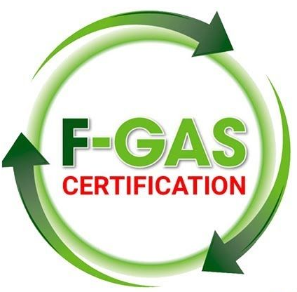 Logo di certificazione F-Gas con frecce circolari verdi attorno a un testo in grassetto verde e rosso