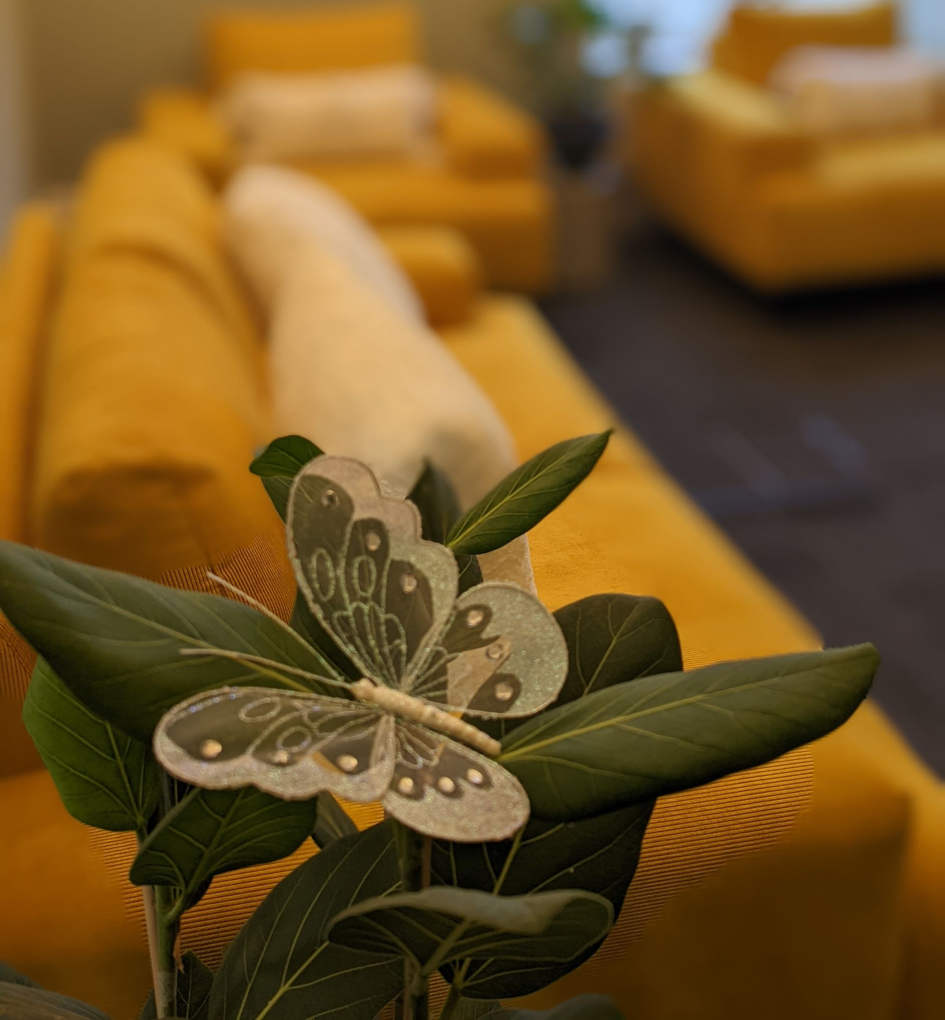 Yellow lounge with blurred sofas and a decorative butterfly ornament on a green plant in the foreground