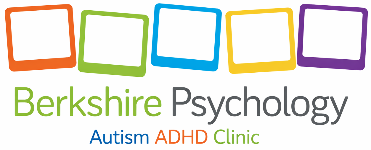 Berkshire Psychology logo with five colorful squares and text: Autism ADHD Clinic