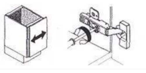 A black and white drawing of a door hinge being installed on a cabinet.