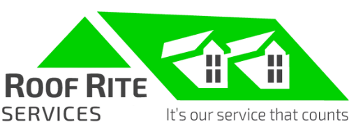 Logo for Roof Rite Services: green roof shapes with house icons and text