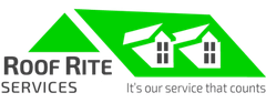 Logo for Roof Rite Services: green roof shapes with house icons and text