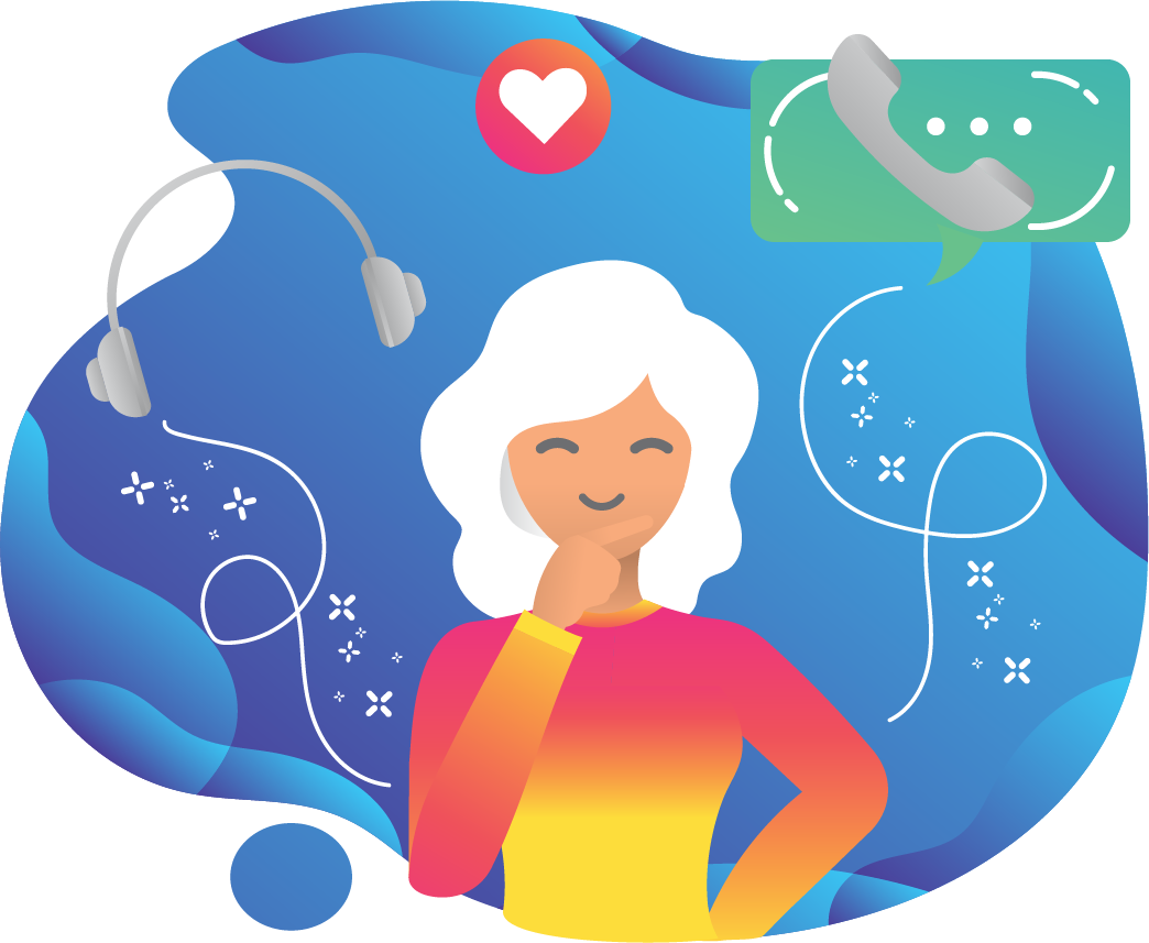 A woman is talking on a phone with a heart in the background.