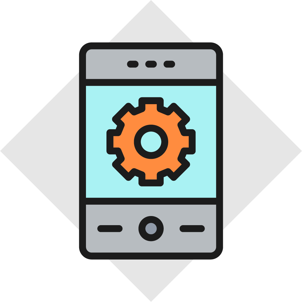 An icon of a cell phone with a gear on the screen.