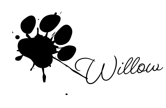 A black and white logo with a paw print and the word willow.