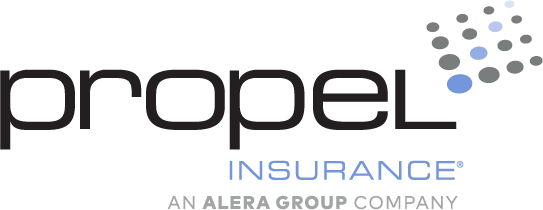 A logo for propel insurance , an alera group company.