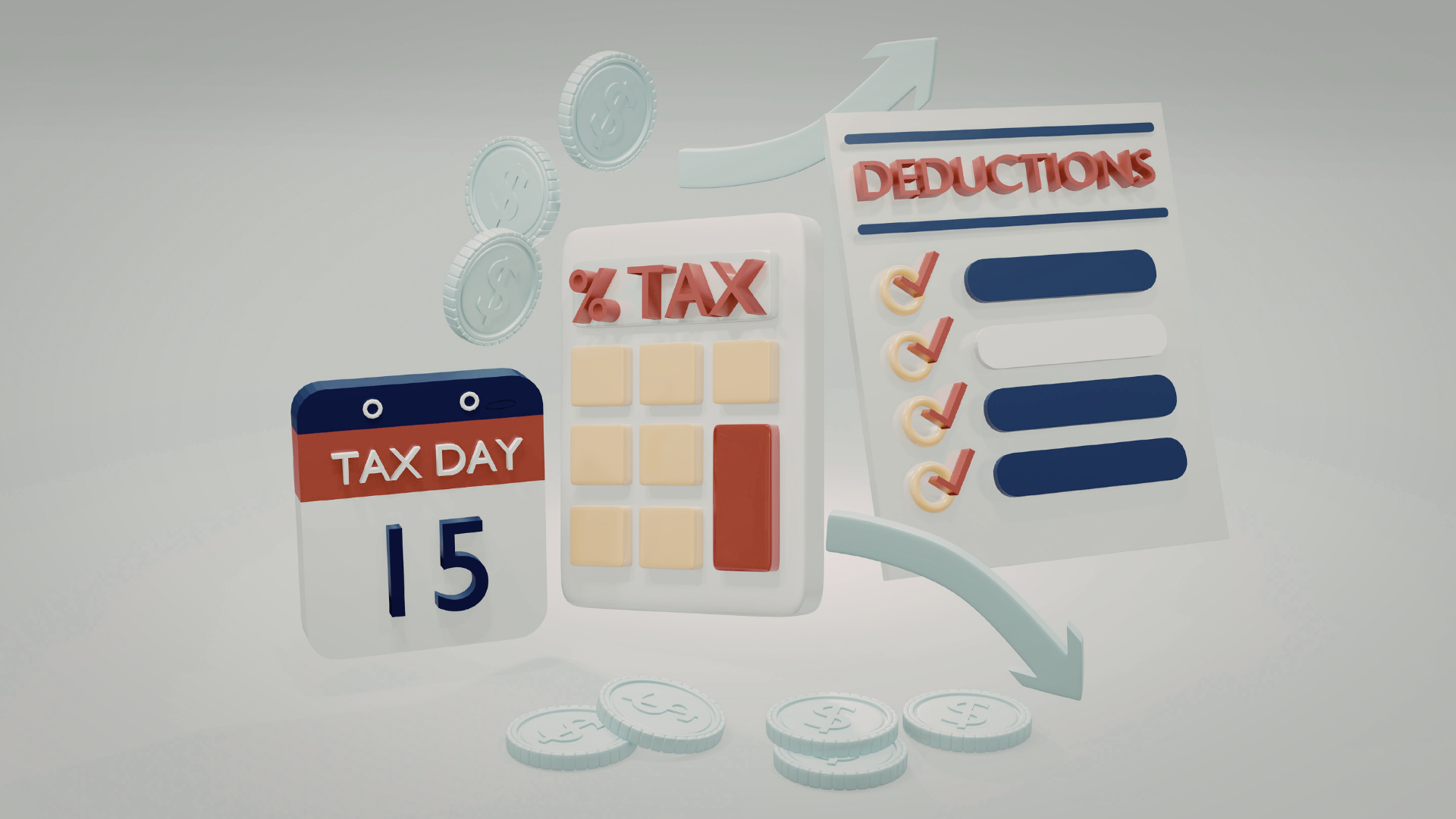 A 3D illustration of tax-related elements such as a calendar with 