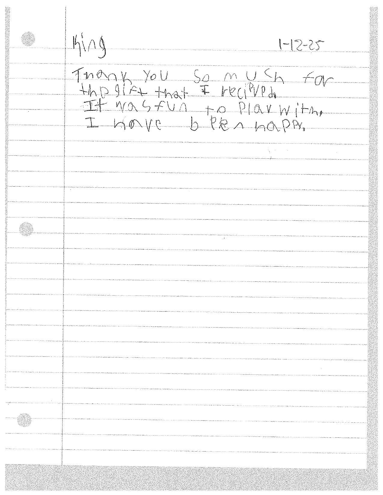 Handwritten note on lined paper. Text includes “Thank you for your help...” and “I hope to be a part”.