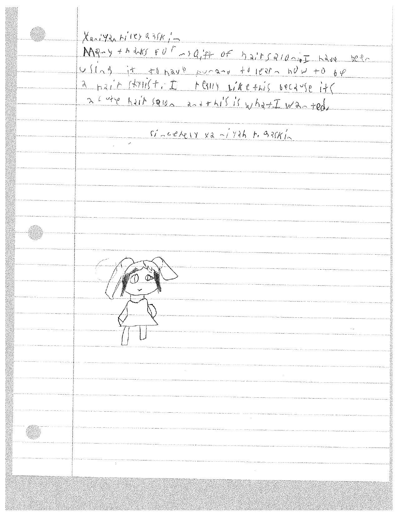 Handwritten notes and a small cartoon bunny girl drawing on lined paper.