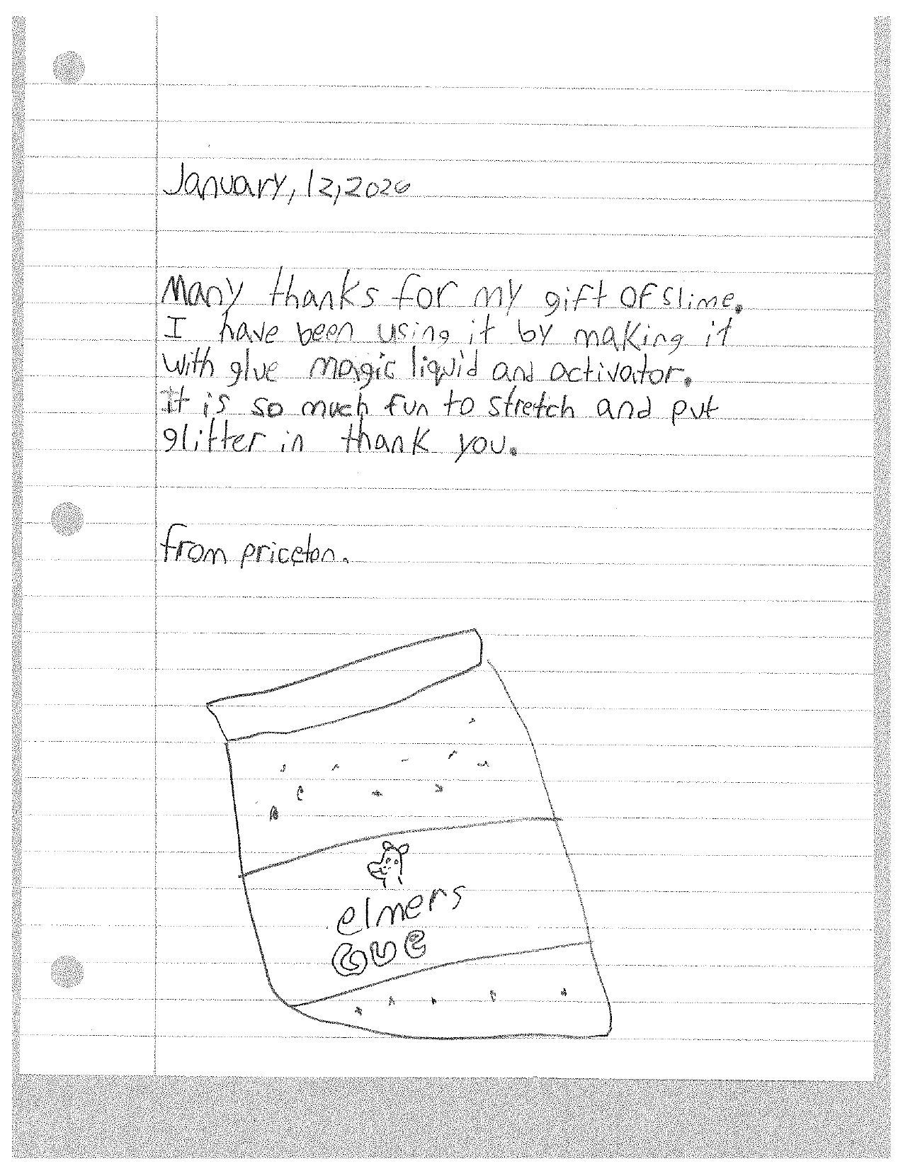 Handwritten thank you note with a drawing of a bag of Elmer's glue.