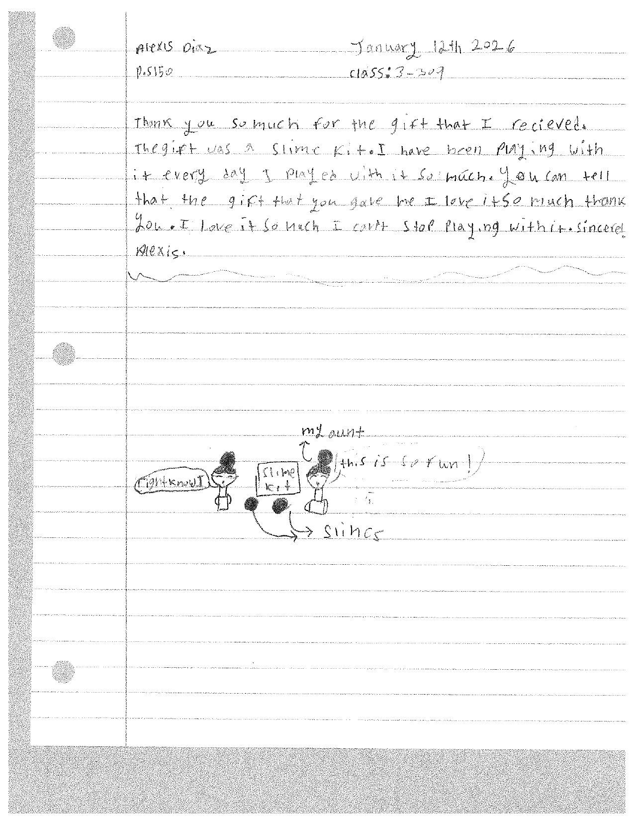 Notebook page with handwritten notes and a diagram of a family.