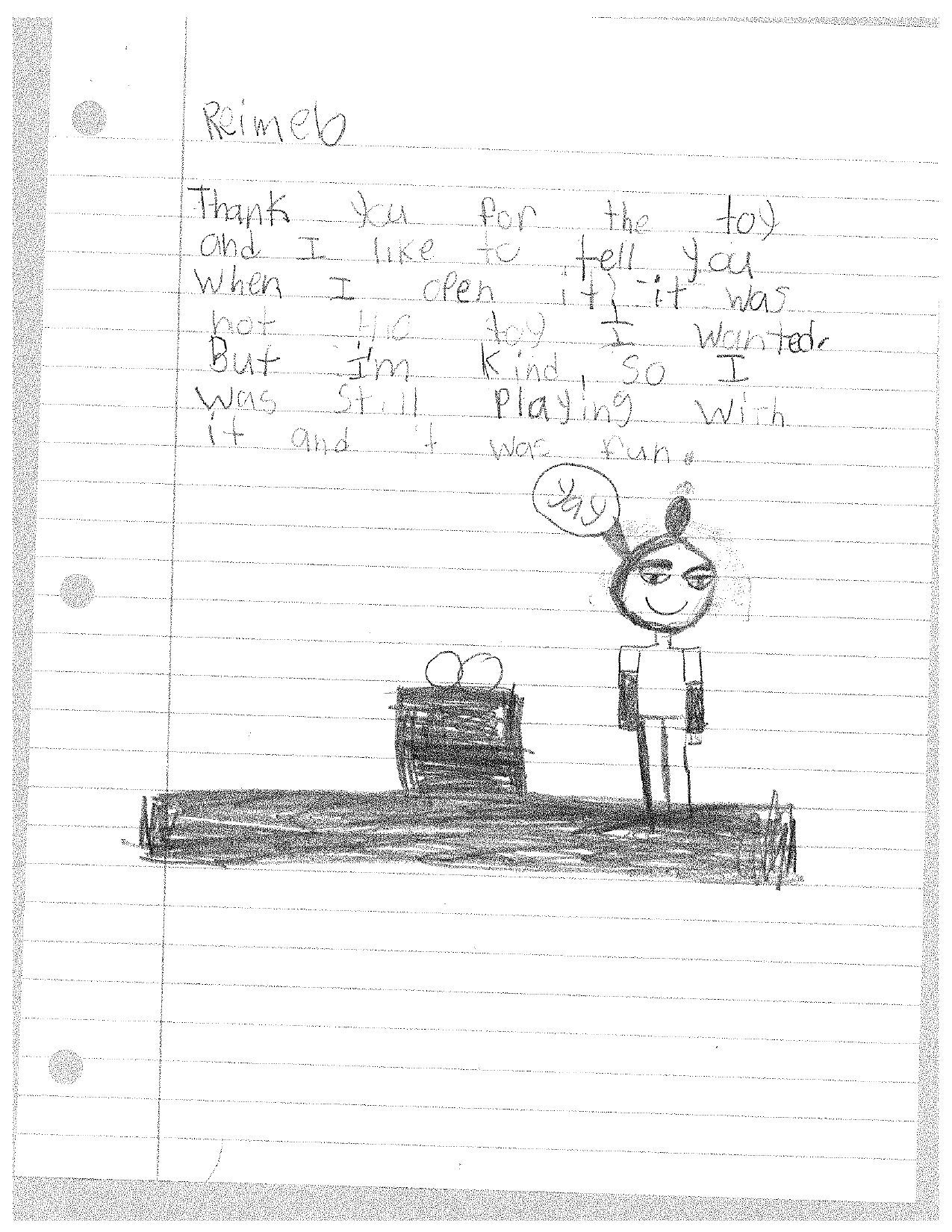 Hand-drawn sketch: a figure next to a wrapped present, thought bubble, handwritten text.
